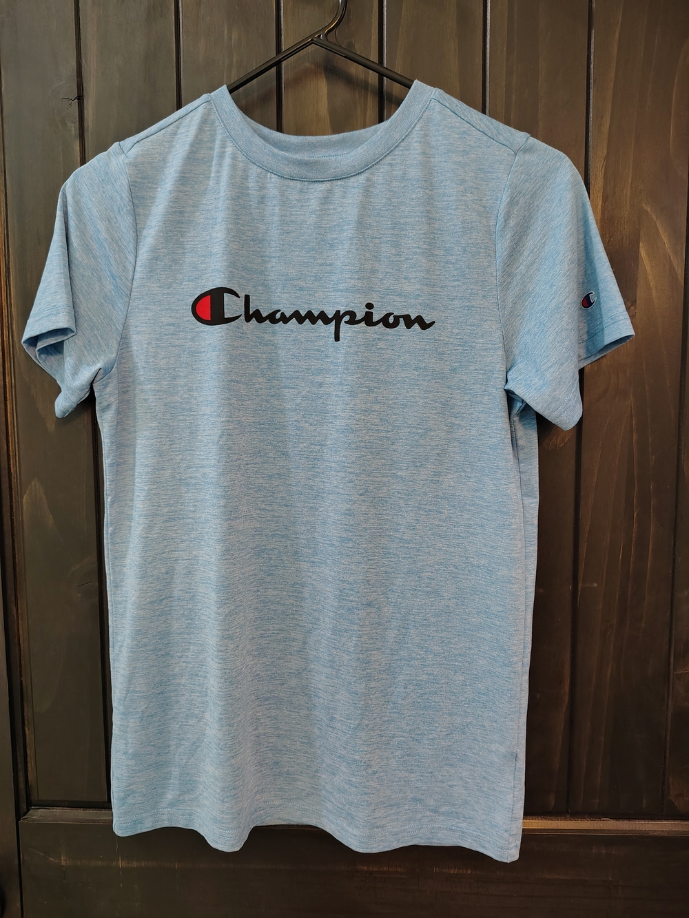 Champion Light Blue Script Logo Short Sleeve Tee